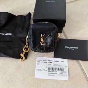 Saint Laurent Jamie Black and Gold Croc-Embossed Keyring